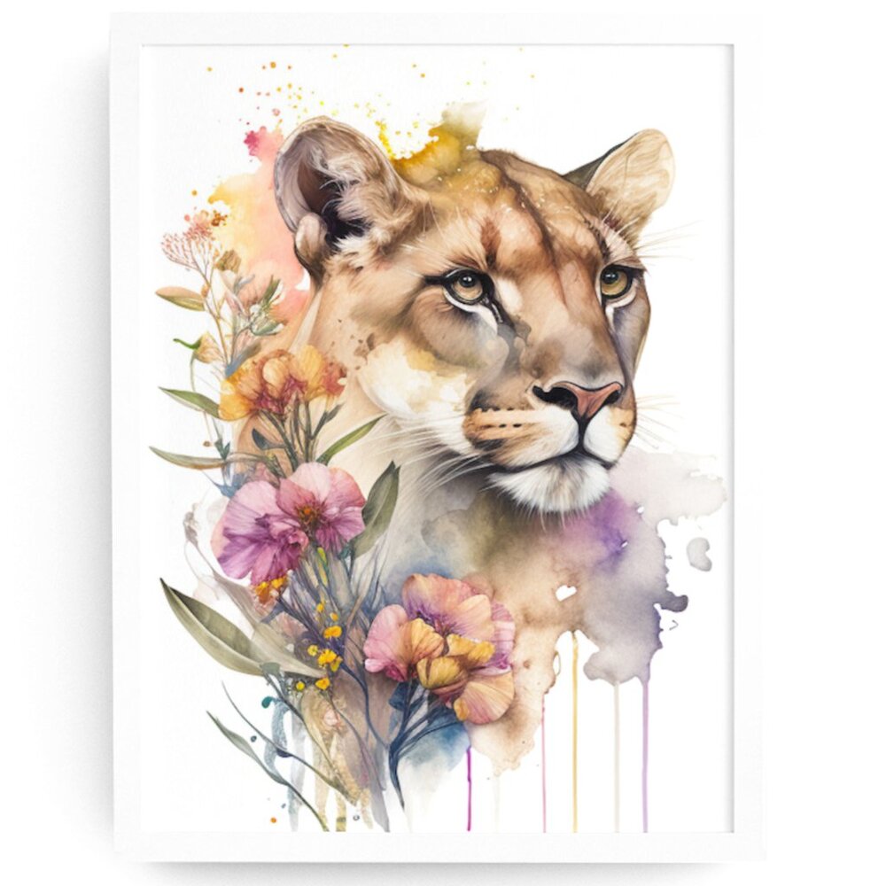 Cute Floral Lioness Watercolor Wall Art Illustration Print Poster Card Unframed